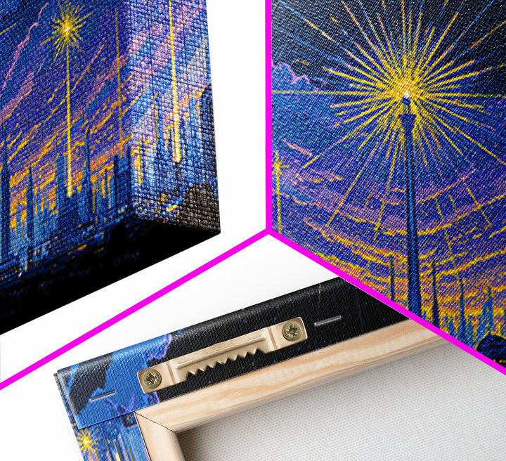 Blue Purple Night Skyline With Starburst Lights Canvas Print, Retro Sci Fi Wall Art, Midcentury Modern Cityscape Decor Poster
