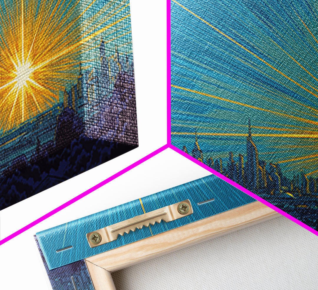 Futuristic Skyline Sunrise With Golden Rays, Mid Century Modern Wall Art, Retro Sci Fi Cityscape Print, Living Room Decor