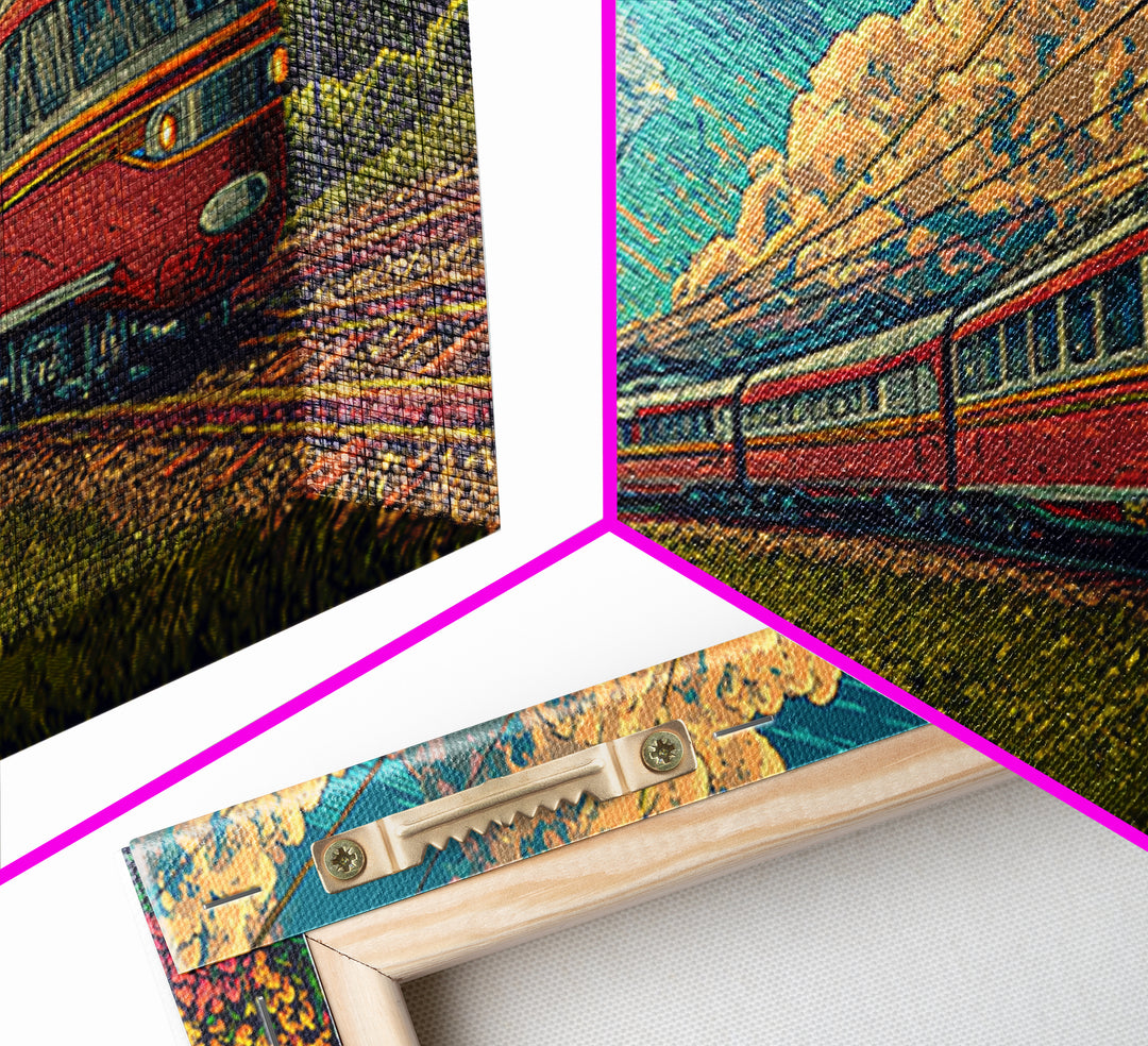 Red Passenger Train Through Flower Fields, Mid Century Modern Wall Art, Retro Travel Poster, Scenic Landscape Decor Print