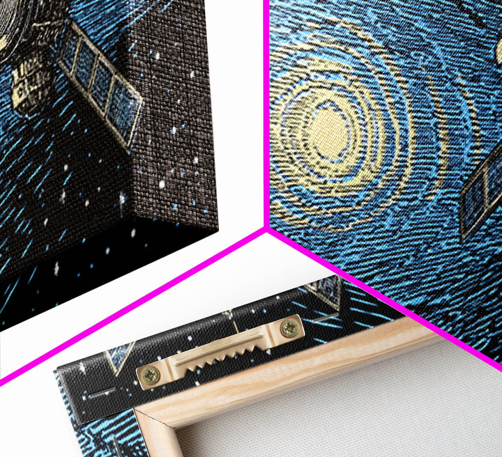 Blue Starfield Satellite With Solar Waves, Mid Century Modern Wall Art, Retro Sci Fi Space Poster, Cosmic Abstract Decor
