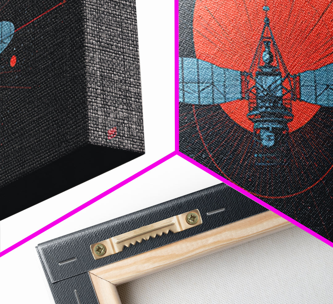 Blueprint Satellite In Crimson Sun Framed Canvas Print, Midcentury Modern Art, Retro Space Wall Decor, Modern Office Poster Gift