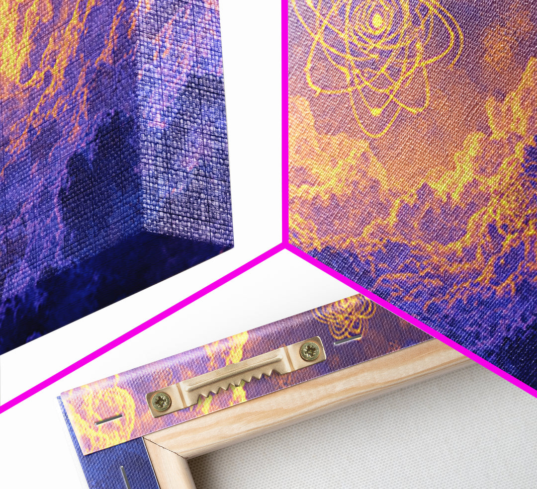 Glowing Atomic Symbols In Purple Clouds Wall Art, Modern Abstract Art Print, Celestial Sky Poster, Colorful Bedroom Decor