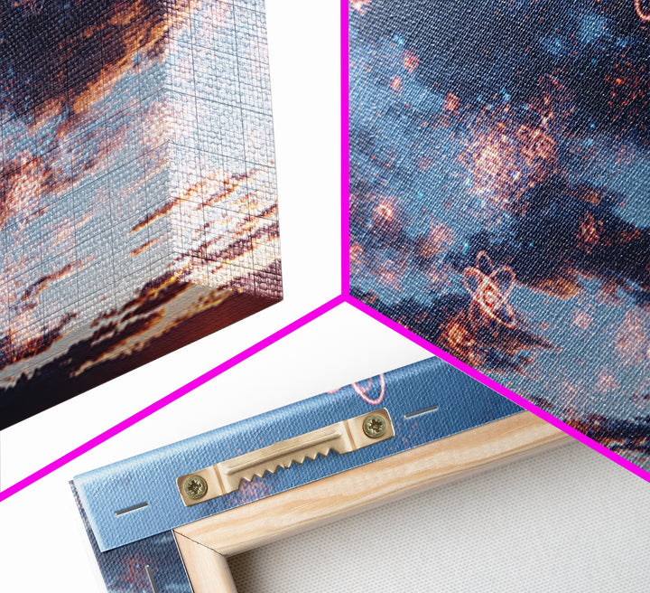 Sparkling Atomic Fireworks Over Dusk Clouds Wall Art, Modern Abstract Art Print, Cosmic Sky Poster, Blue Pink Bedroom Decor
