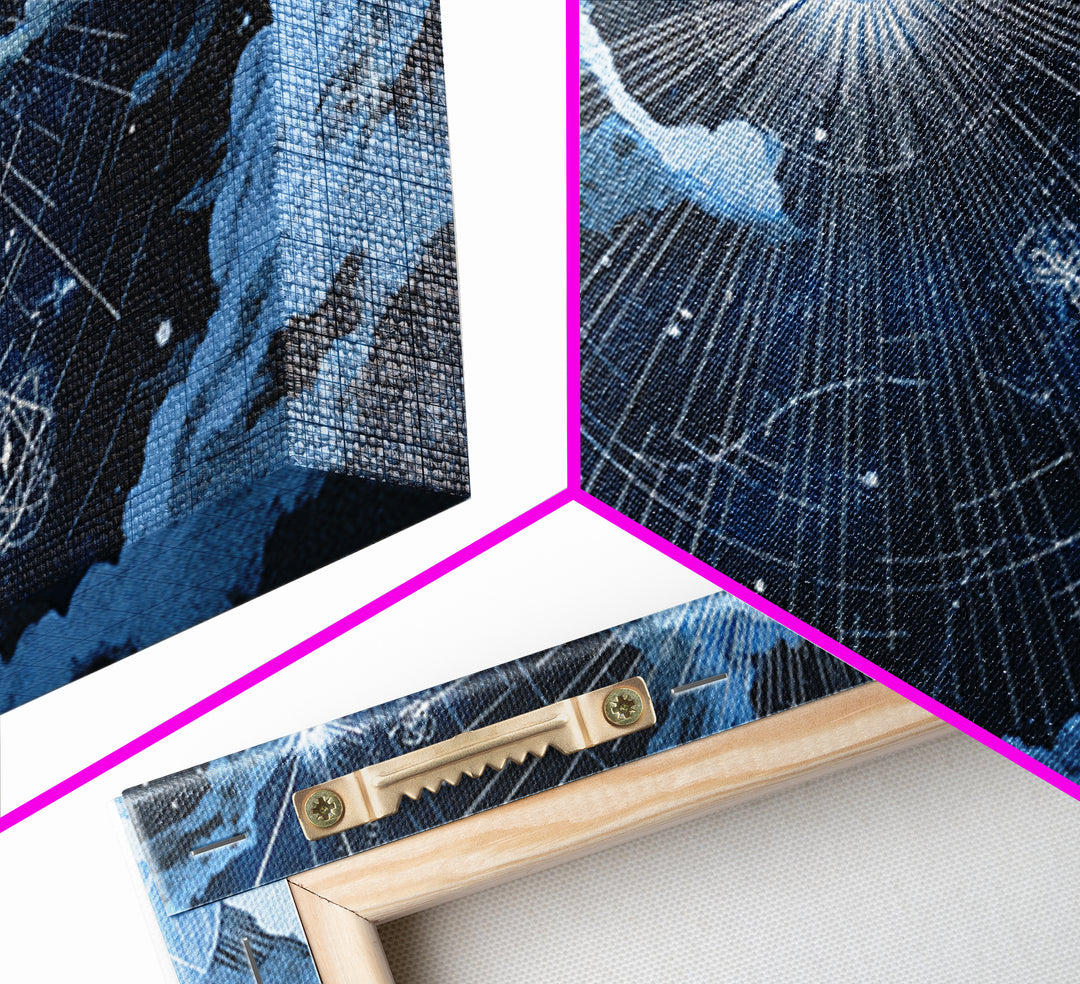 Blue Celestial Grid With Moonlit Clouds Canvas Print, Modern Wall Art, Sci Fi Space Poster, Navy Home Office Decor Gift Print