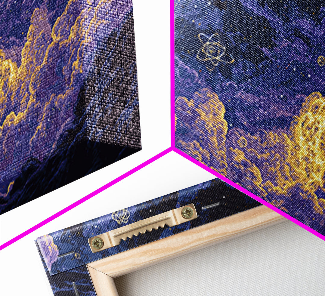 Glowing Atom Clouds In Pixel Night Sky Canvas Print, Modern Abstract Wall Art, Retro Space Poster, Purple Bedroom Decor Gift