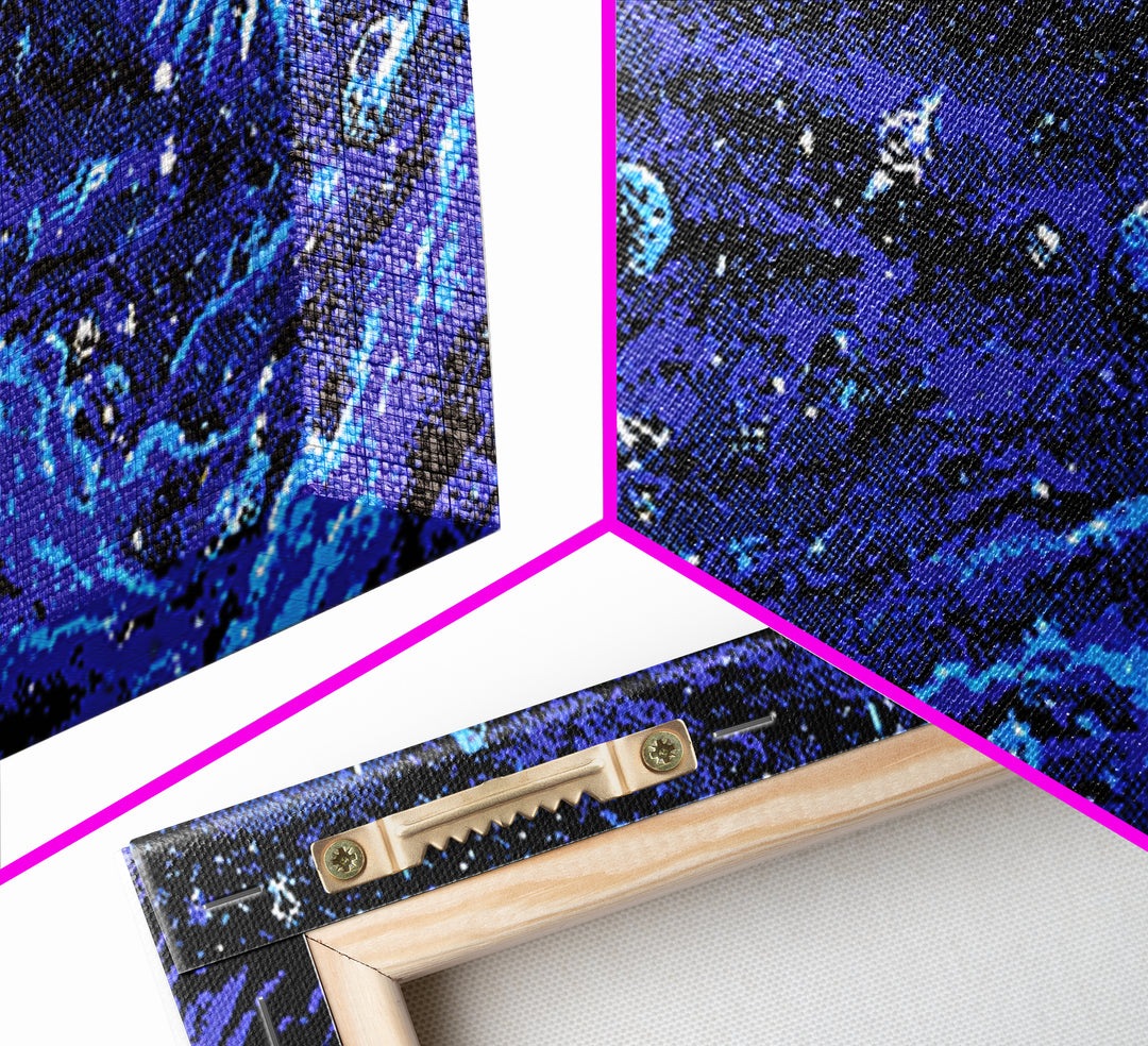 Pixel Space Landscape With Blue Planets Wall Art, Retro Sci Fi Poster, Modern Digital Art Print, Cosmic Game Room Decor Gift