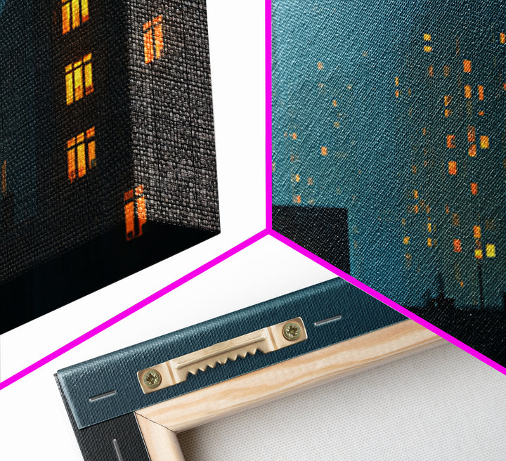 Foggy Teal Apartment Windows Canvas Print, Moody City Nightscape, Modern Wall Art, Urban Bedroom Decor, Home Office Art