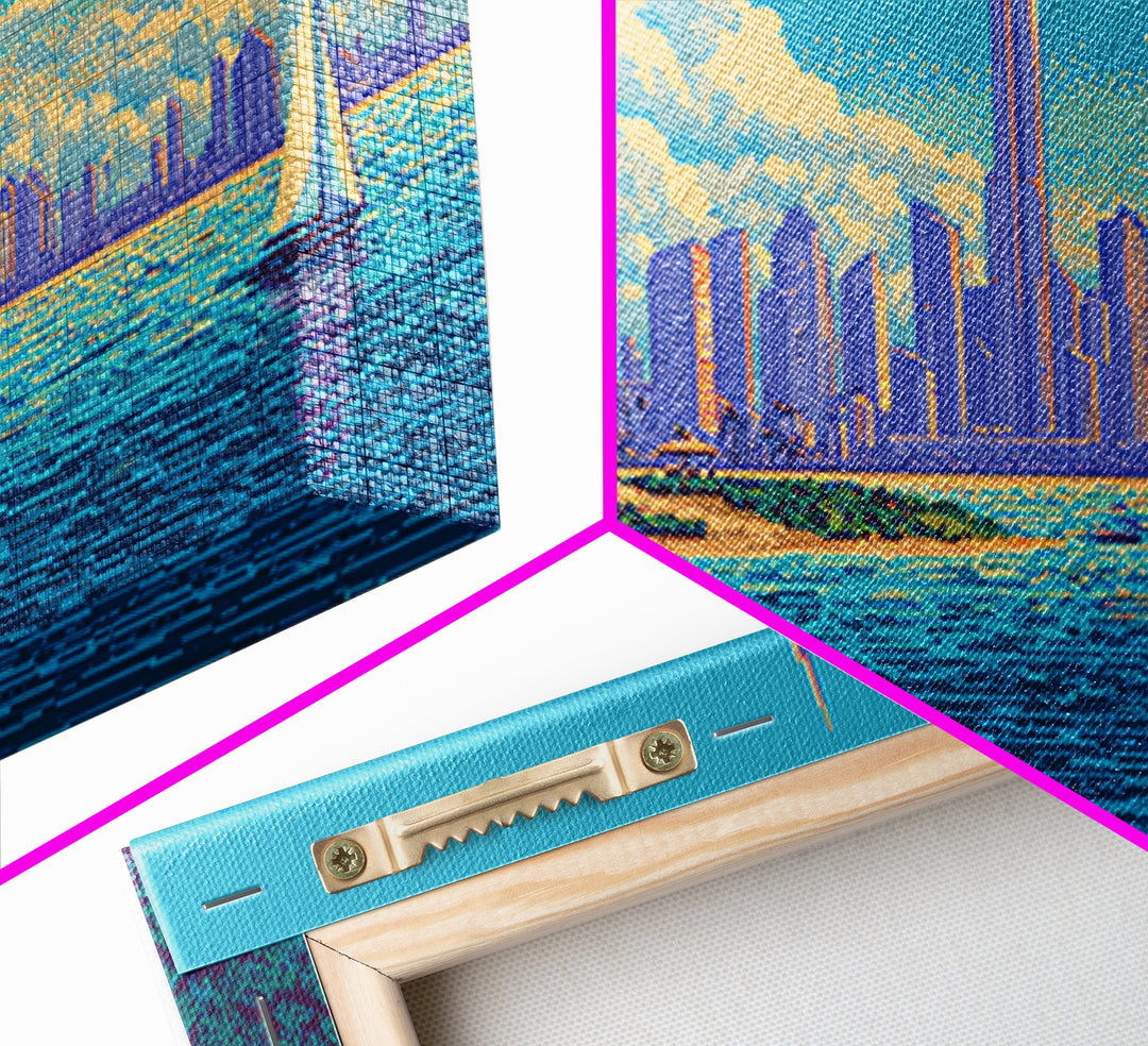 Futuristic Coastal Skyline With Palm Trees Canvas Print, Modern Wall Art, Retro Travel Poster, Tropical Living Room Decor