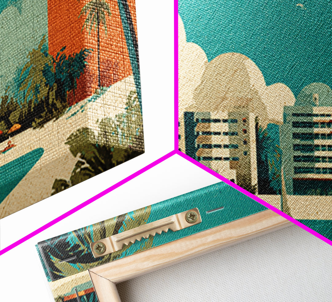 Retro Beachfront Resort With Palms Wall Art, Mid Century Modern Coastal Travel Poster, MCM Decor, Turquoise Lagoon Print