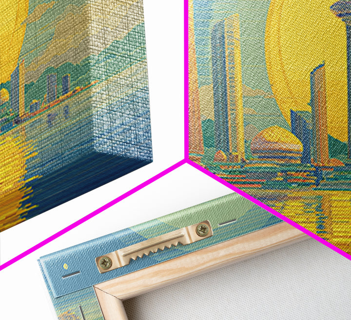 Golden Seattle Skyline At Sunset Framed Canvas Print, Mid Century Modern Wall Art, Futuristic Cityscape Poster, MCM Home Decor