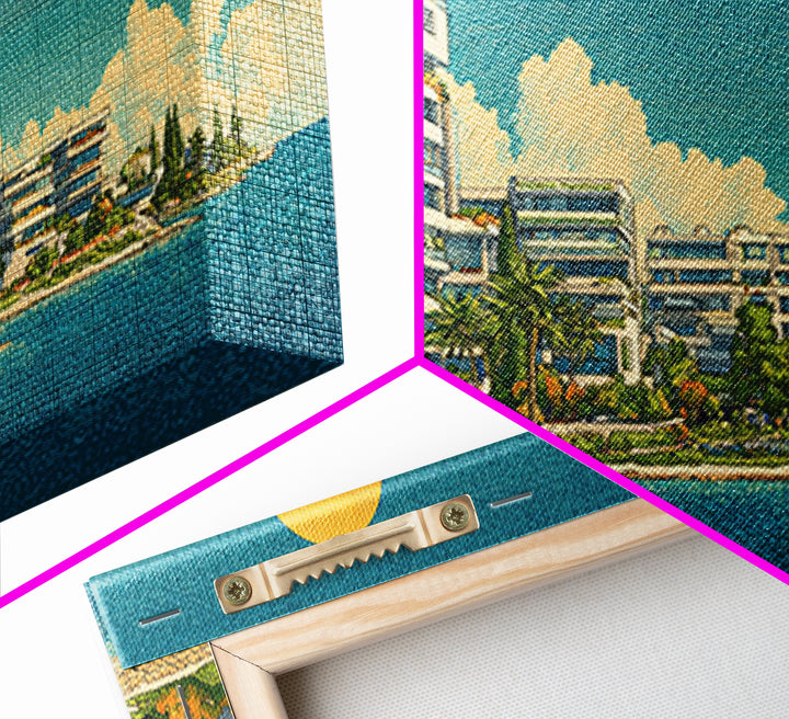 Modern Lakeside Condos With Golden Sun Wall Art, Mid Century Modern Coastal Decor, Mediterranean Lake House Architecture Print