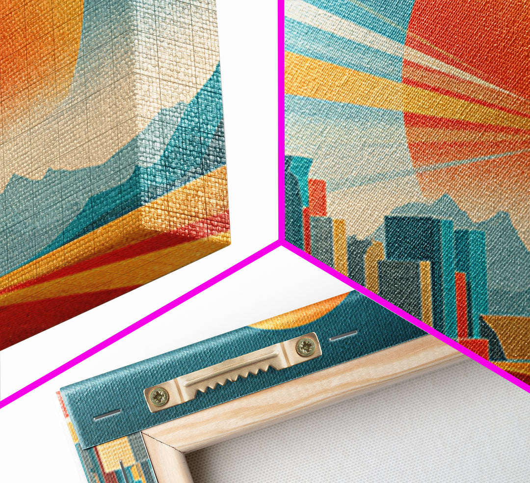 Teal Orange Futuristic Skyline Canvas Print, Midcentury Modern Cityscape, Retro Space Poster, Modern Wall Decor, Large MCM Art