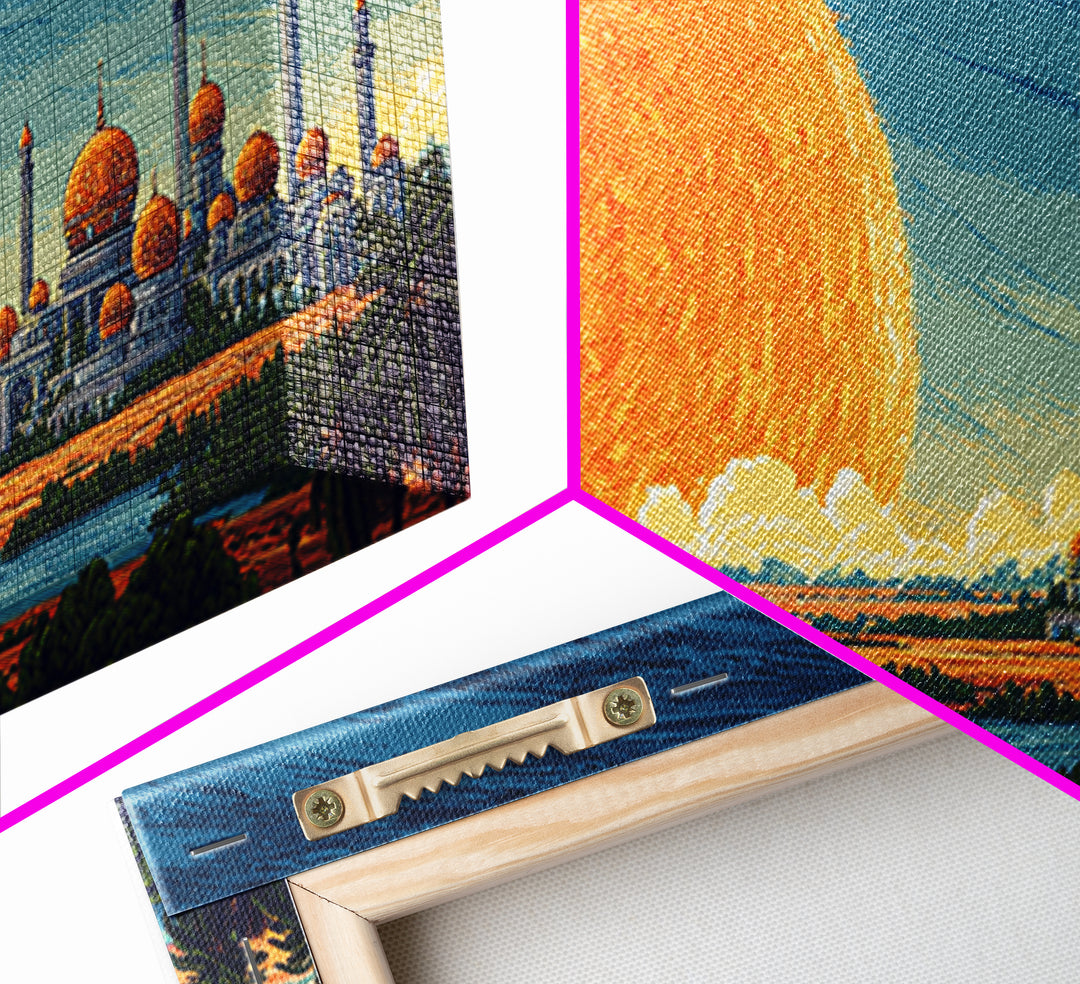 Giant Sun Desert Palace Wall Art, Midcentury Modern Landscape, Islamic Architecture Poster, Orange Blue Living Room Decor
