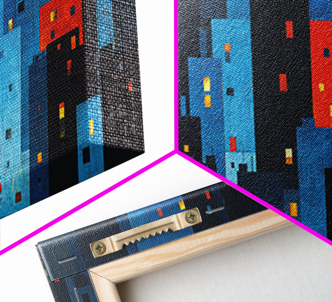 Red And Blue Abstract City Canvas Print, Blocky Urban Skyline, Midcentury Modern Art, Geometric Wall Decor, Home Office Art Print