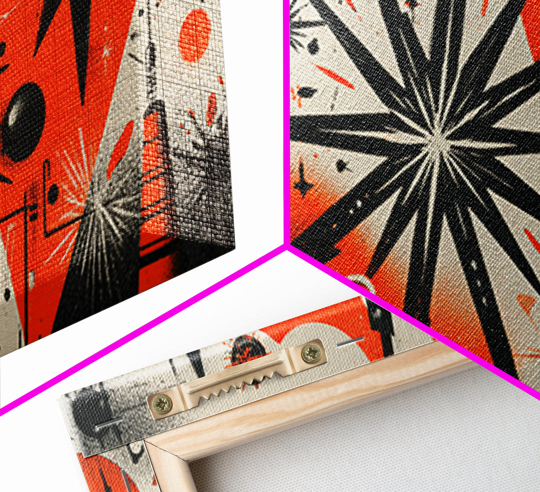 Orange Black Atomic Starburst Wall Art, Midcentury Modern Abstract, Retro 50s Space Age Poster, MCM Geometric Wall Decor