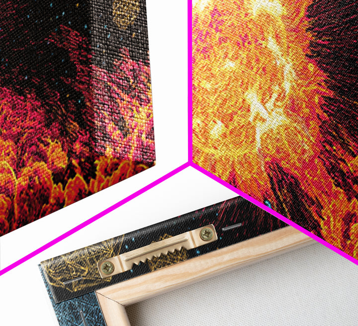 Fiery Solar Flare Sun And Asteroids Canvas Print, Modern Abstract Art, Retro Space Poster, Cosmic Wall Decor, Sci Fi Gift