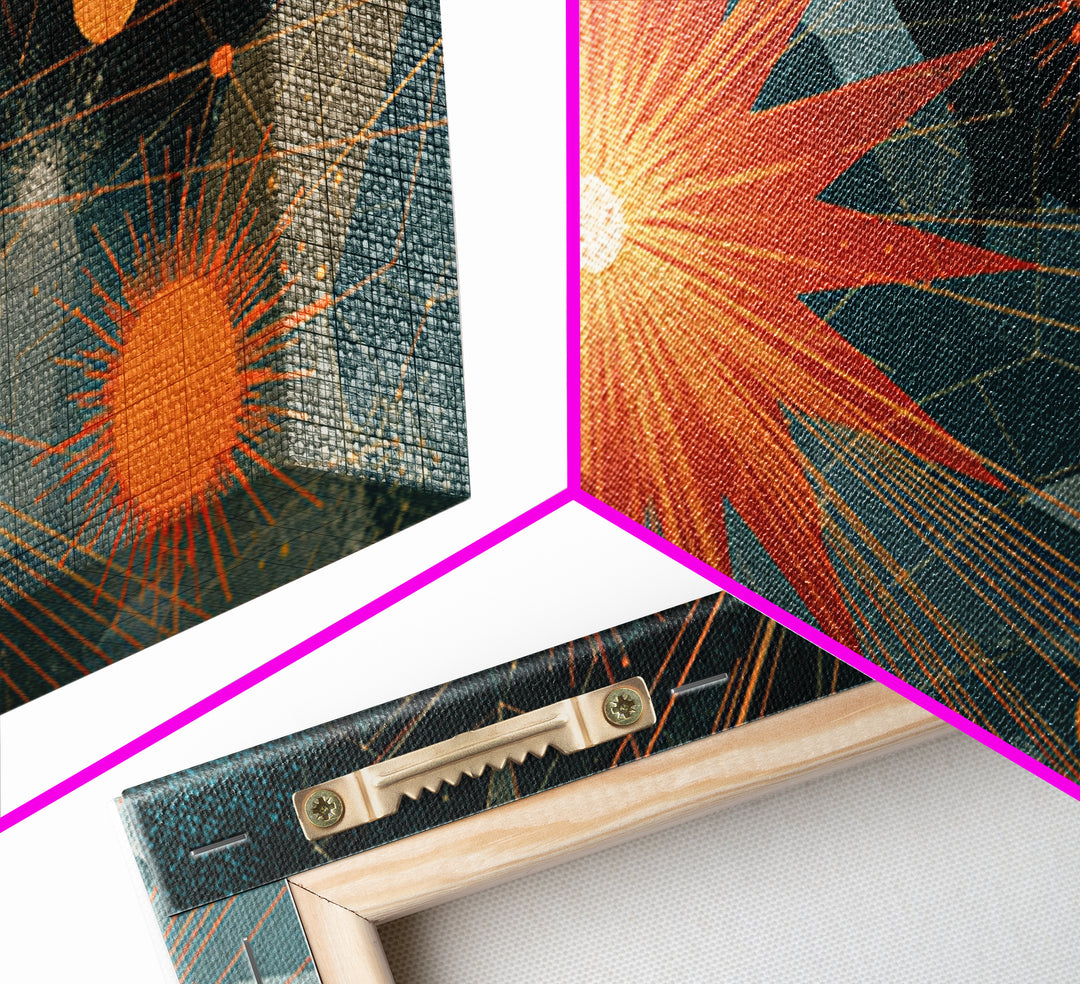 Orange Teal Geometric Starburst Framed Canvas Print, Midcentury Modern Abstract Art, Retro MCM Wall Decor, Home Office Decor