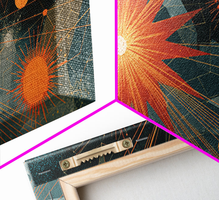 Orange Teal Geometric Starburst Framed Canvas Print, Midcentury Modern Abstract Art, Retro MCM Wall Decor, Home Office Decor