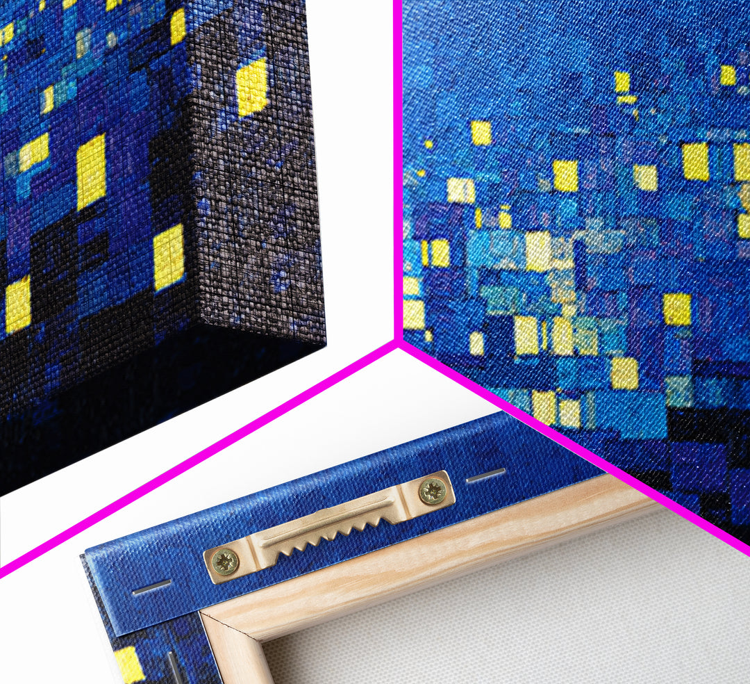 Pixelated Blue City Lights Wall Art, Abstract Night Skyline, Modern Art Print, MCM Wall Decor, Living Room Statement Decor
