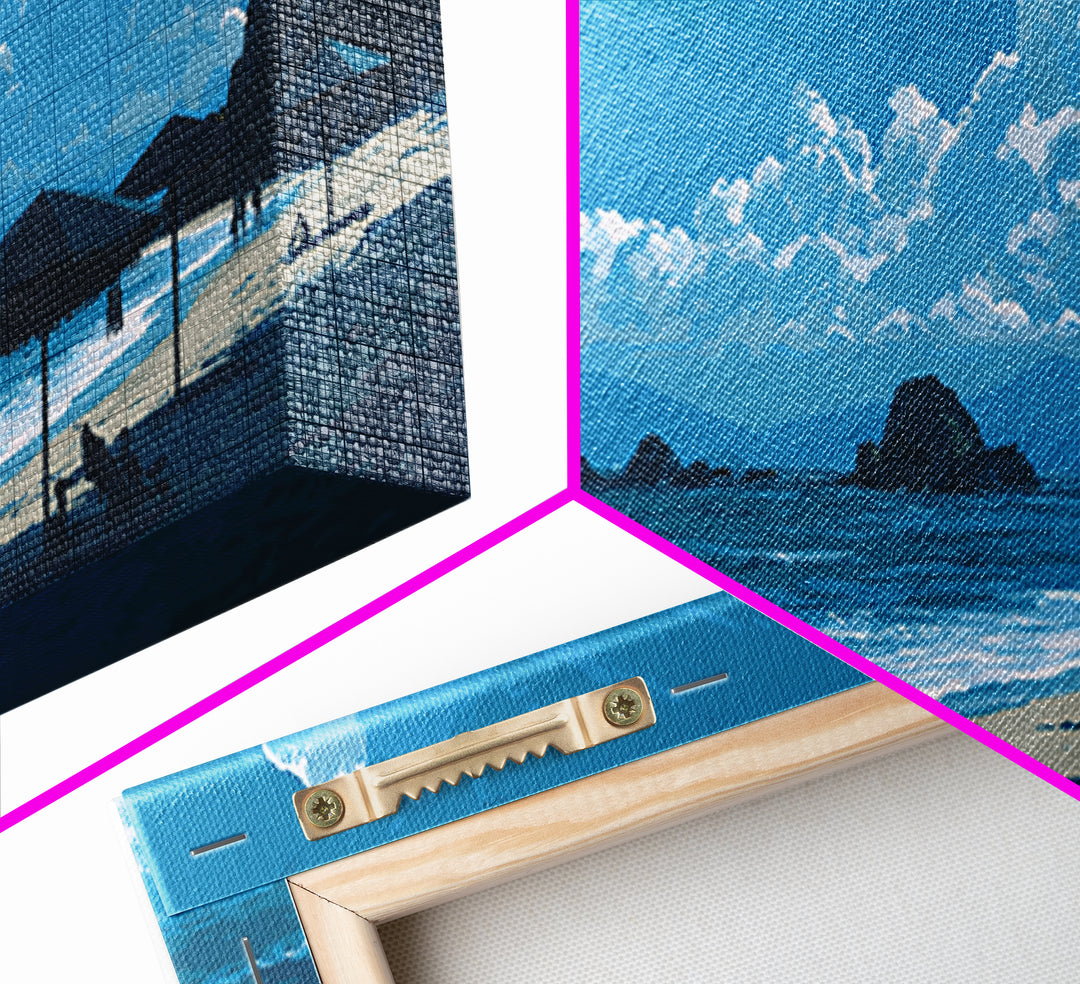 Blue Coastal Cloudscape Canvas Print, Ocean Beach Umbrella Scene, Modern Landscape Wall Art, Tropical Decor For Living Room