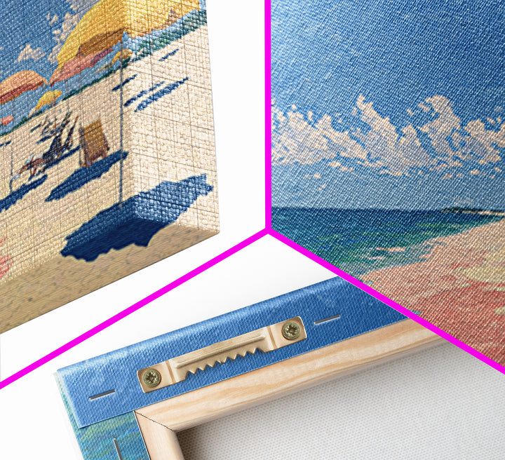 Pastel Ocean Beach Canvas Print, Pink Sand Umbrella Landscape, Coastal Modern Wall Art, Soft Summer Decor For Bedroom And Office