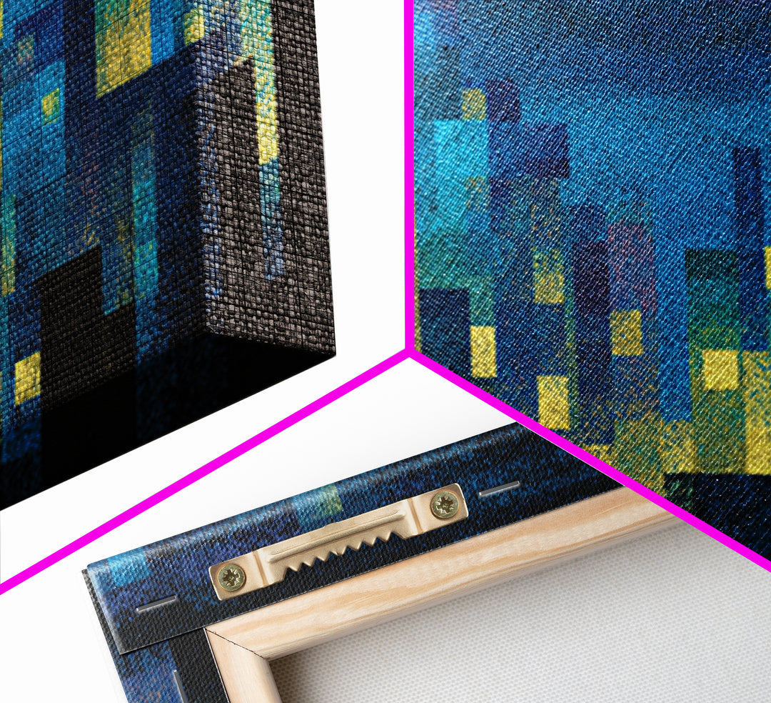 Teal Pixel City Skyline Canvas Print, Glowing Urban Nightscape, Modern Abstract Art, Blue Wall Decor, Home Office Art Print