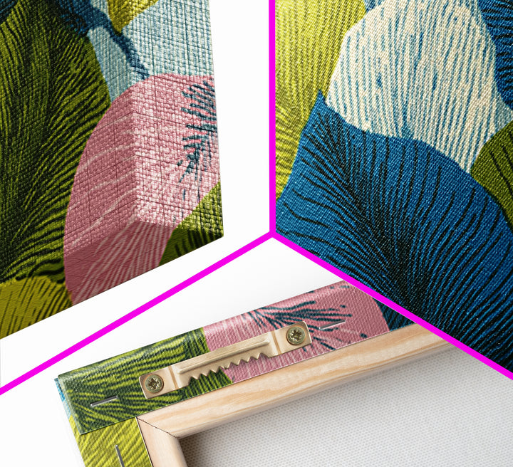 Layered Ginkgo Leaves In Blue Green Pink Canvas Print, Midcentury Modern Botanical Wall Decor, Colorful Living Room Art Print