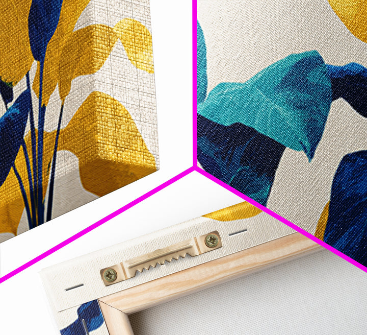 Bold Tropical Leaves In Teal Blue Mustard Canvas Print, Midcentury Modern Botanical Wall Art, Colorful Home Office Decor