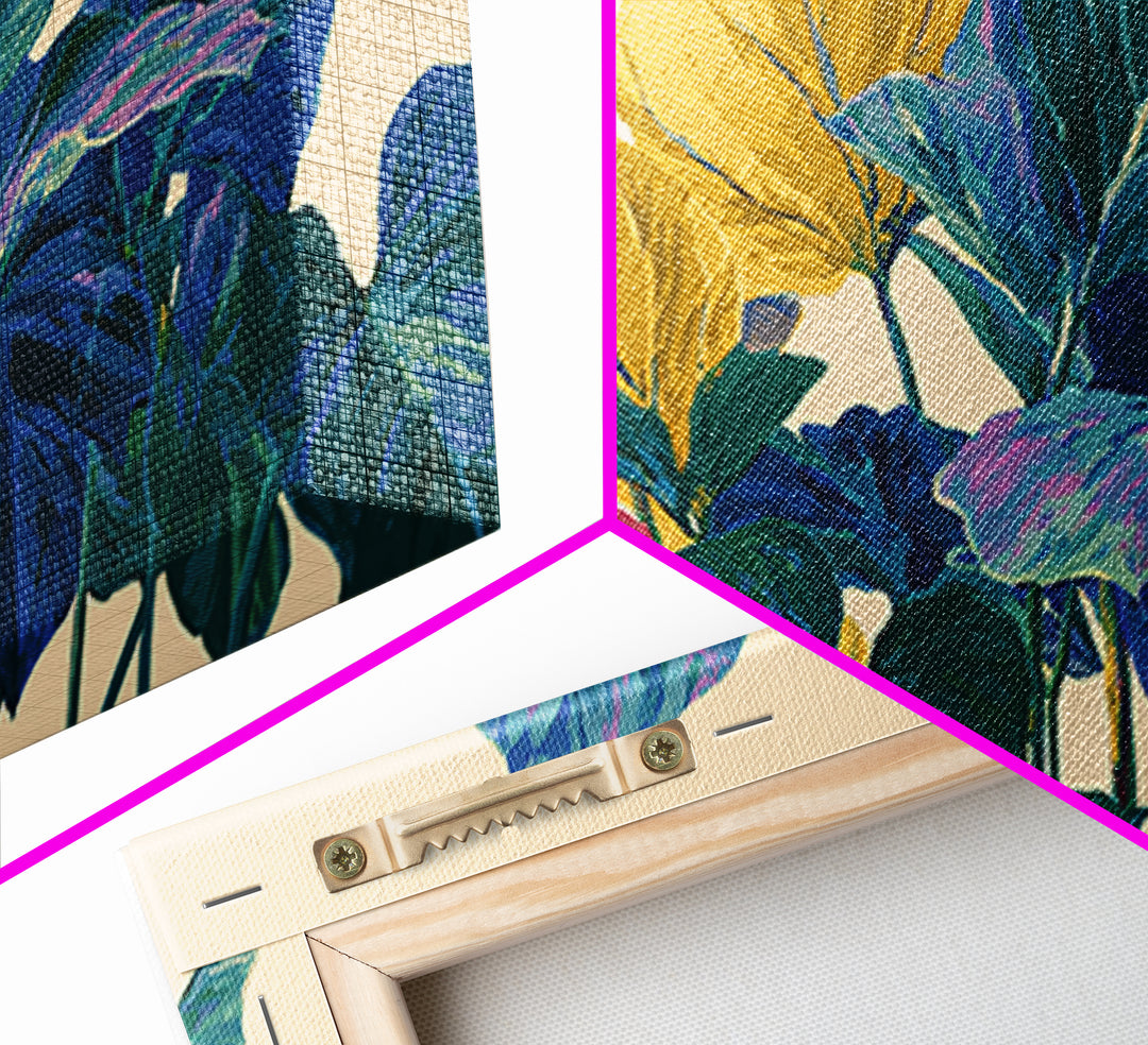 Vibrant Tropical Foliage In Yellow Teal Pink Wall Art, Midcentury Modern Botanical Print, Colorful Boho Living Room Decor