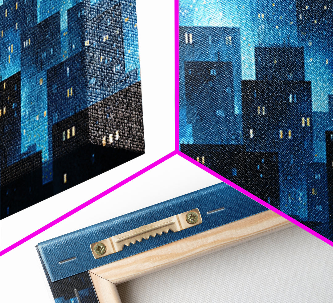 Misty Blue Urban Skyline Framed Canvas Print, Snowy City Lights, Modern Wall Art, Large Abstract Decor, Office Wall Art Print