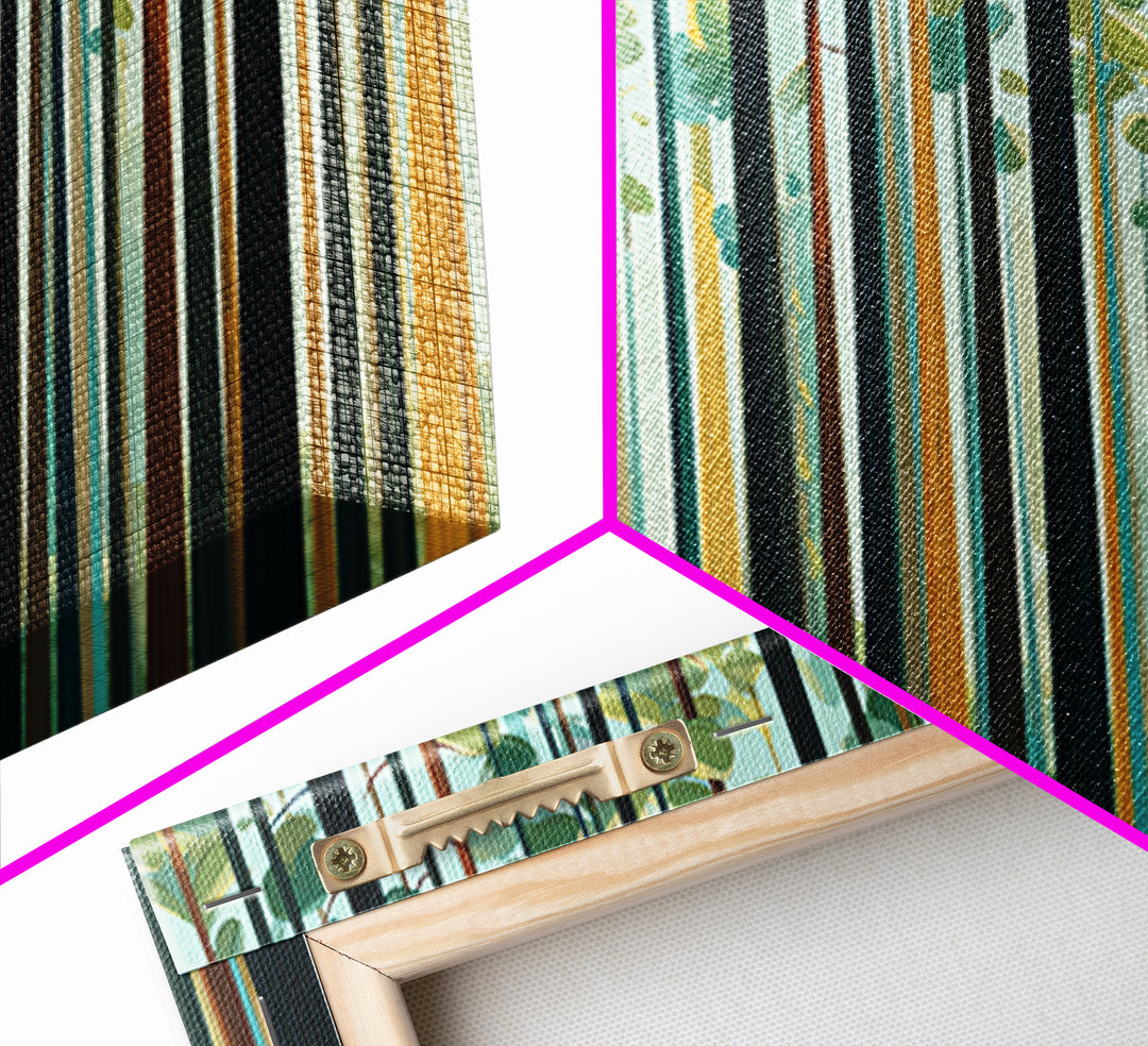 Tall Pine Forest With Sunbeams In Teal Gold Wall Art, Modern Nature Landscape Print, Scandinavian Cabin And Office Decor