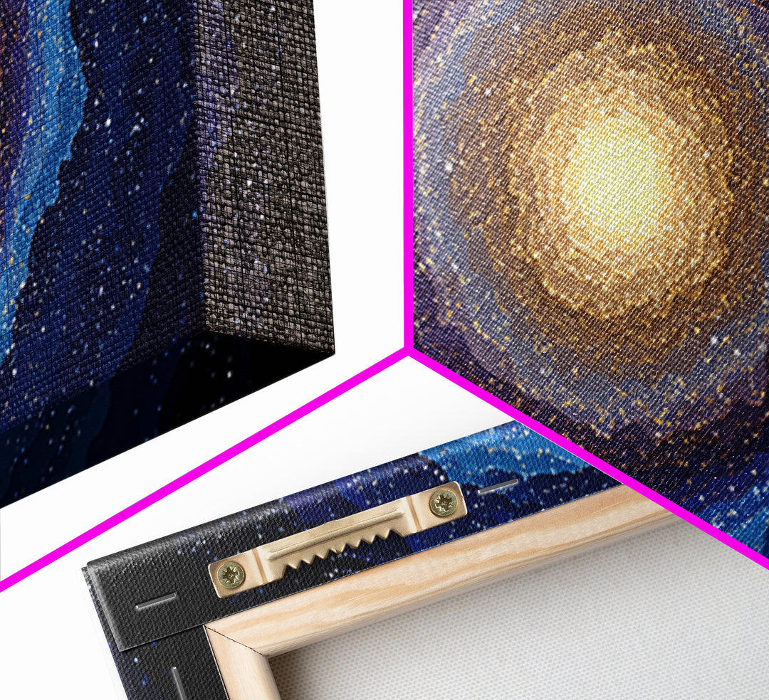 Blue Gold Galaxy Nebula Canvas Print, Modern Abstract Space Art, Starry Cosmic Wall Decor, Oversized Living Room Poster Print