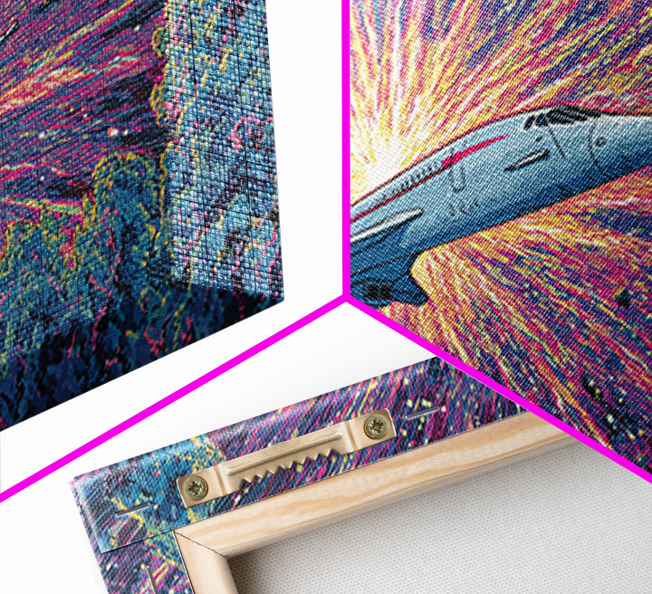 Retro Futuristic Jet Wall Art, Midcentury Sci Fi Airplane Print, Starburst Space Poster, Colorful Modern Home Decor Gift