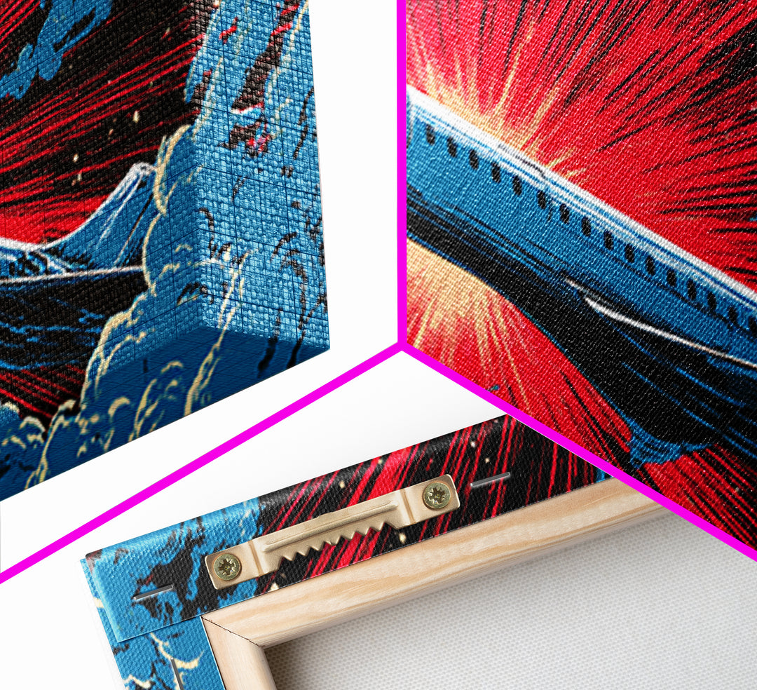 Blue Supersonic Jet With Red Starburst Canvas Print, Retro Sci Fi Poster, Mid Century Modern Wall Decor, Aviation Art Print