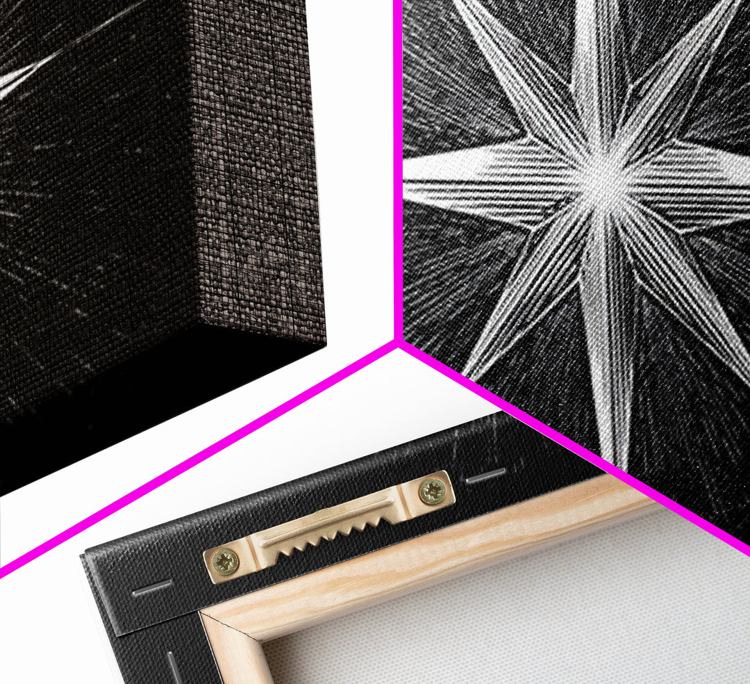 Exploding Compass Star Canvas Print, Black And White Celestial Wall Art, Geometric Nautical Poster, Modern Home Office Decor