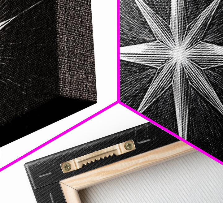 Exploding Compass Star Canvas Print, Black And White Celestial Wall Art, Geometric Nautical Poster, Modern Home Office Decor
