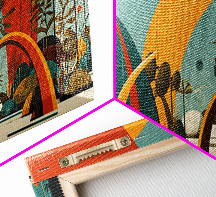 Atomic Desert Resort With Palms And Arches Wall Art, Midcentury Modern Print, Retro Space Age Poster, MCM Home Decor Gift