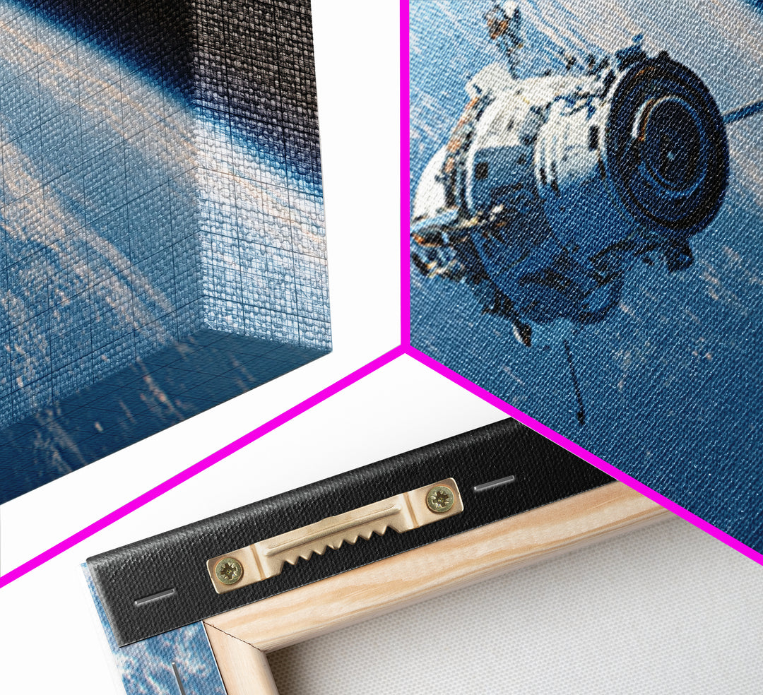 Realistic Spacecraft Orbiting Blue Earth Canvas Print, Modern Space Wall Decor, Satellite Poster, Sci Fi Office Artwork Gift