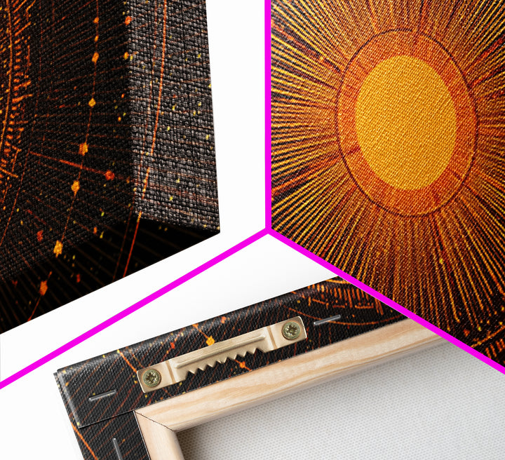 Orange Solar Mandala Interface Wall Art, Retro Sci Fi Circle Poster, Atomic Midcentury Modern Decor, Geometric Sun Print
