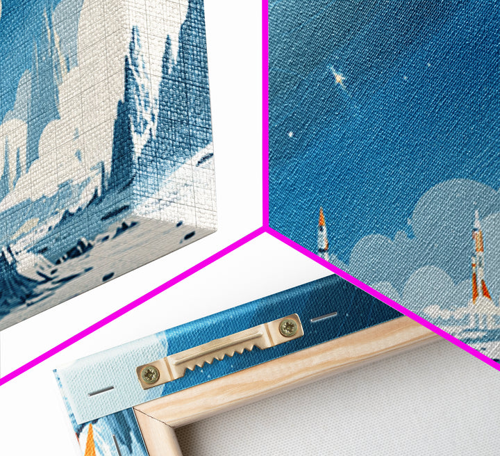 Whimsical Rocket Fleet On Icy Moon Wall Art, Retro Sci Fi Space Poster, Blue Nursery Decor, Midcentury Modern Print Gift