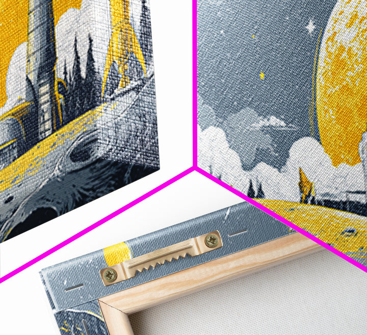 Yellow Lunar Colony With Retro Rockets Canvas Print, Midcentury Modern Space Wall Art, Moon Base Poster, Atomic Home Decor