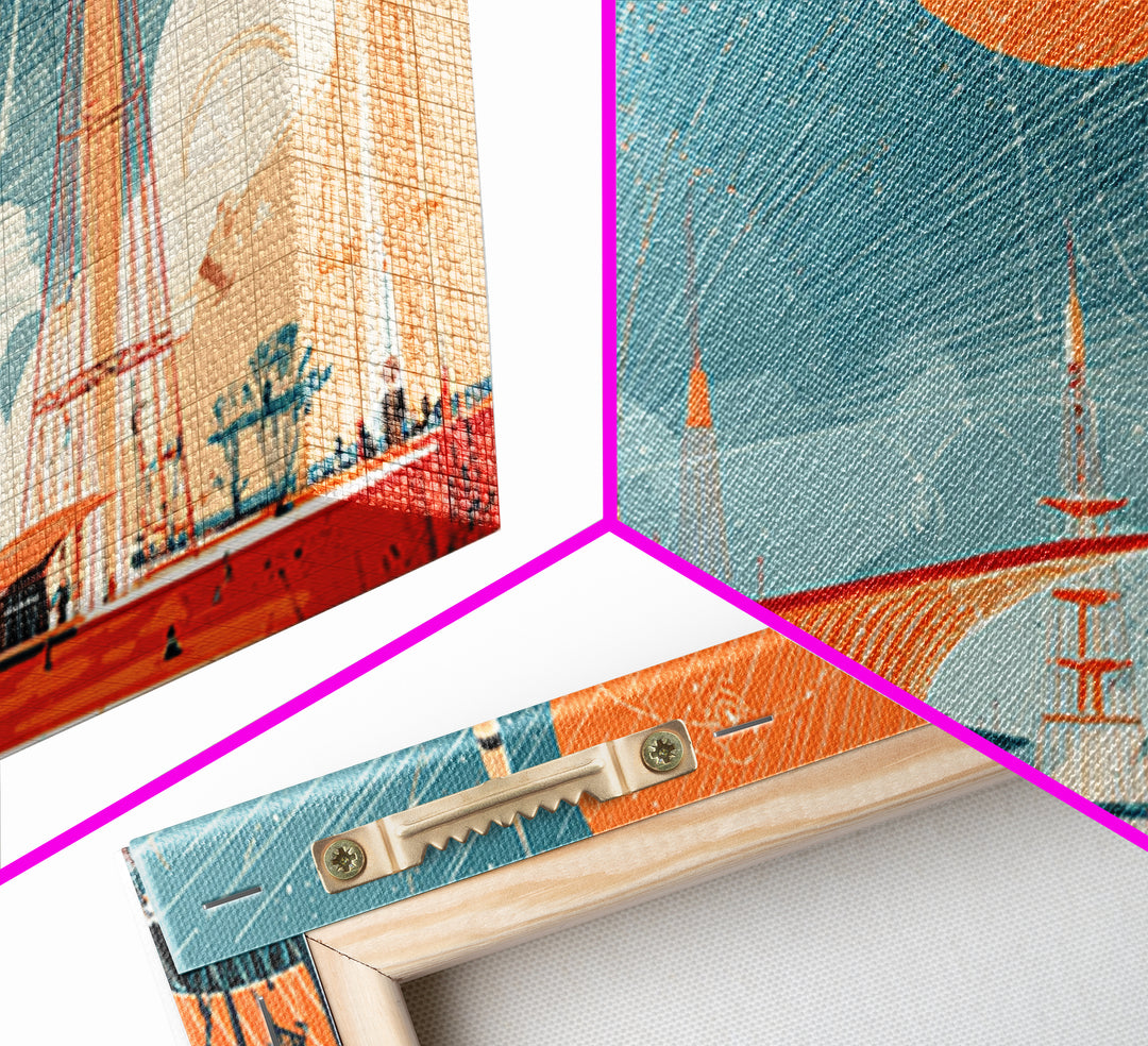 Futuristic Spaceport With Orange Sun Framed Canvas Print, Midcentury Modern Wall Art, Atomic Retro Decor, MCM Poster Gift