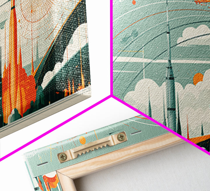 Retro Rocket City With Arcing Skies Canvas Print, Midcentury Modern Wall Art, Space Age Poster, Atomic MCM Home Decor Gift