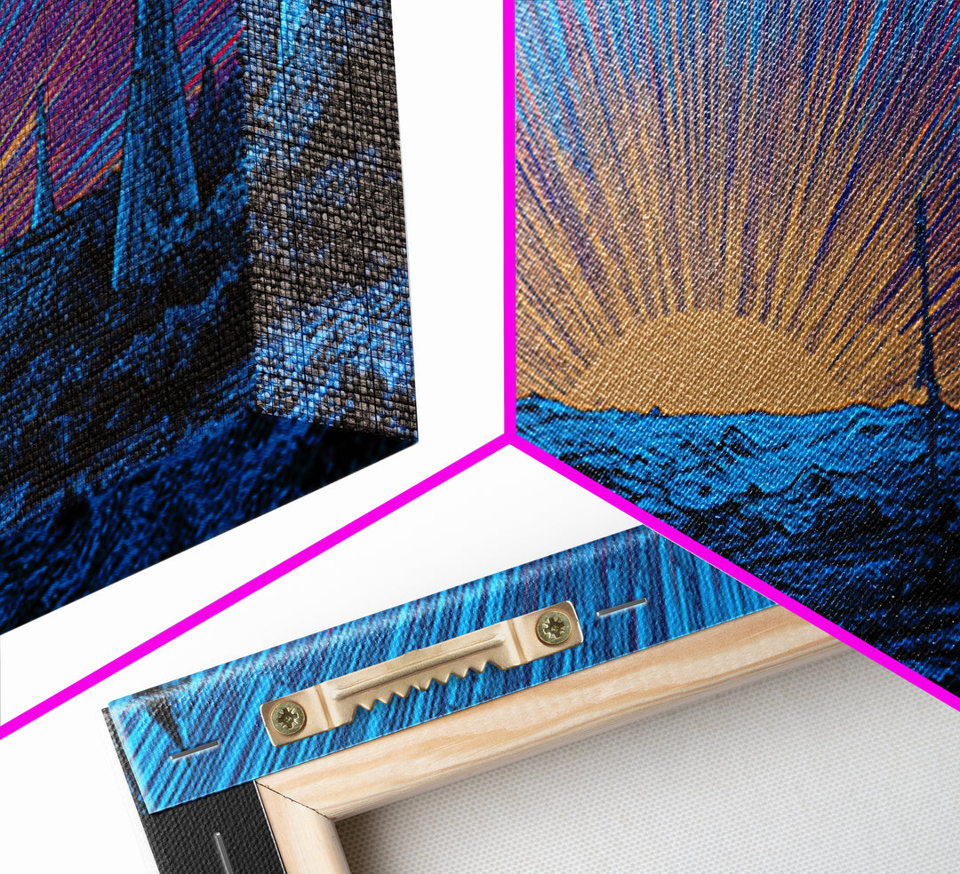 Blue Cosmic Sunrise Over Sci Fi Towers Canvas Print, Midcentury Modern Wall Art, Retro Space Poster, Bold MCM Decor Gift