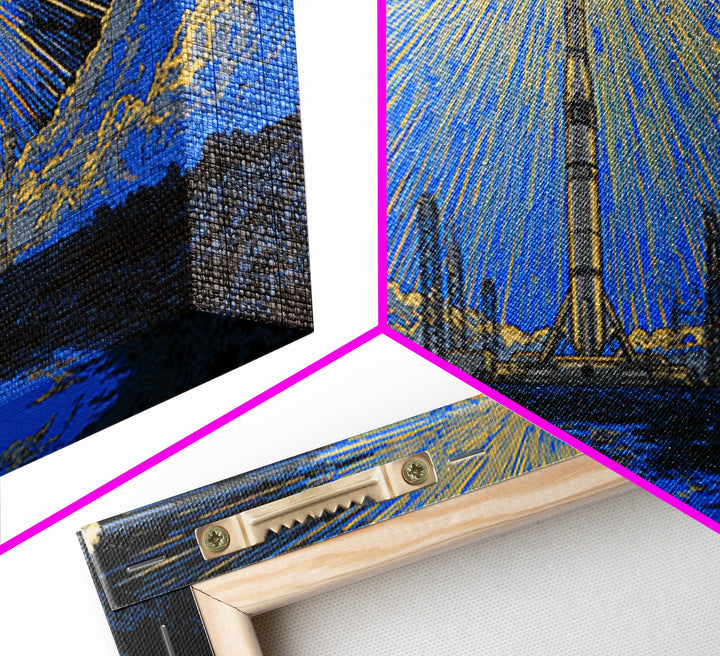 Rocket Launch Tower Beneath Starburst Sky Framed Canvas Print, Midcentury Modern Wall Art, Atomic Retro Space Decor Gift