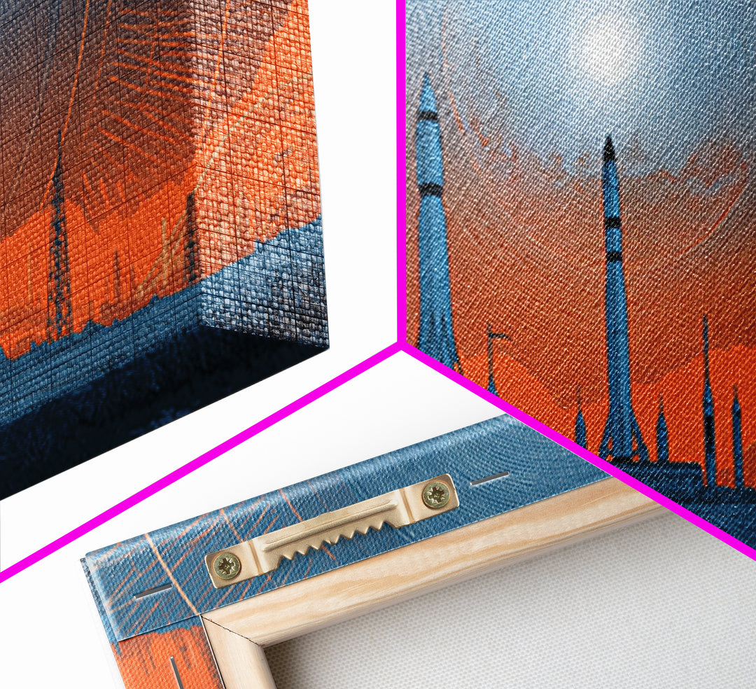 Orange Spaceport Skyline With Radiant Sun Wall Art, Midcentury Modern Canvas Print, Retro Futurist Poster, Industrial MCM Decor
