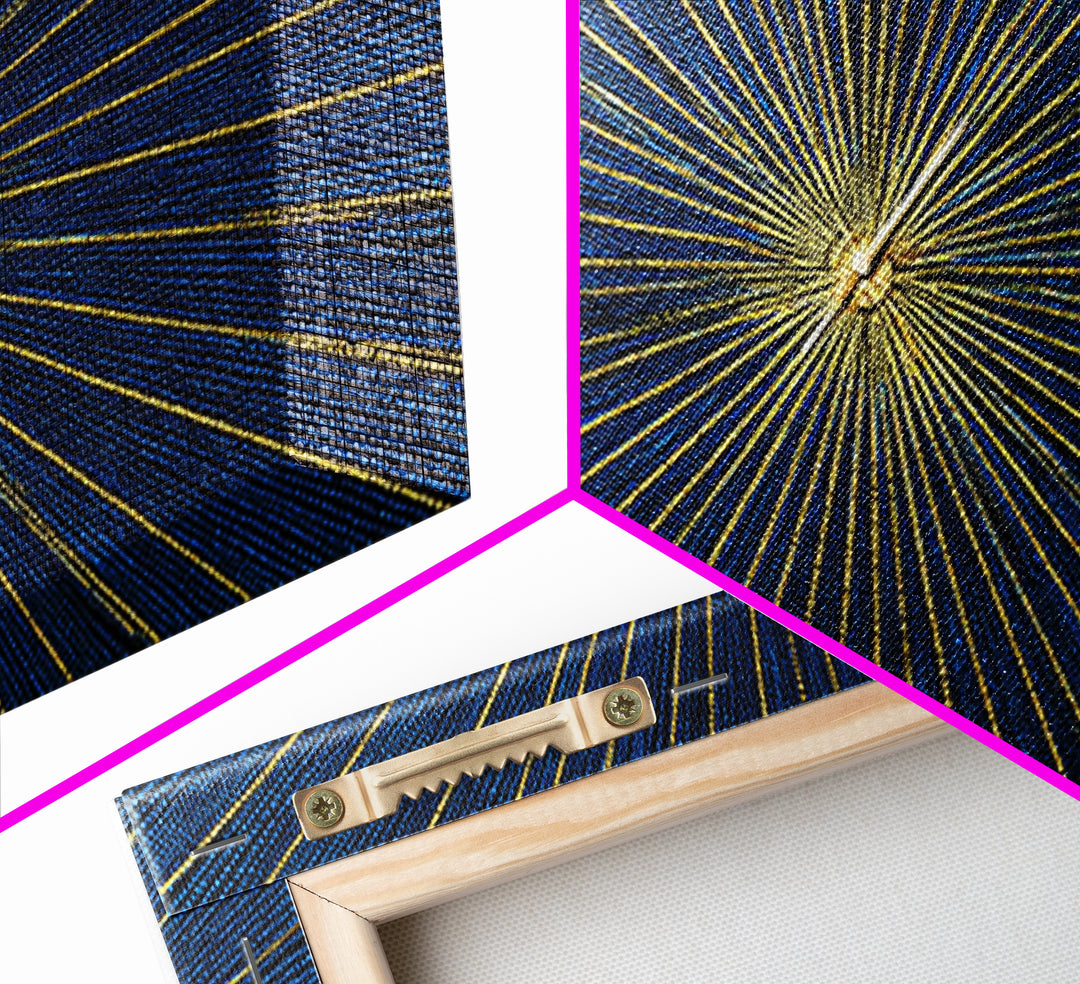 Blue Gold Radiating Op Art Wall Art, Midcentury Modern, Geometric Abstract Print, Atomic Sunburst, Modern Wall Decor, Living Room Art