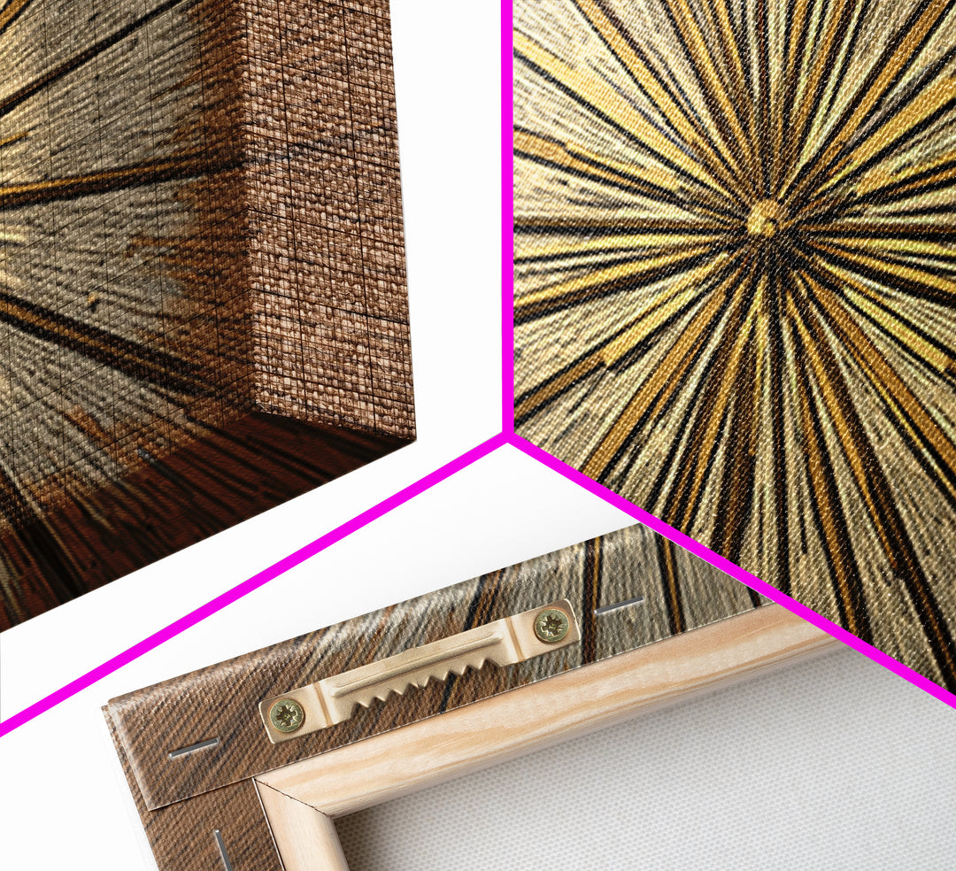 Brown Gold Woodgrain Sunburst Framed Canvas Print, Midcentury Modern Art, Neutral Wall Decor, Geometric Abstract Poster Art