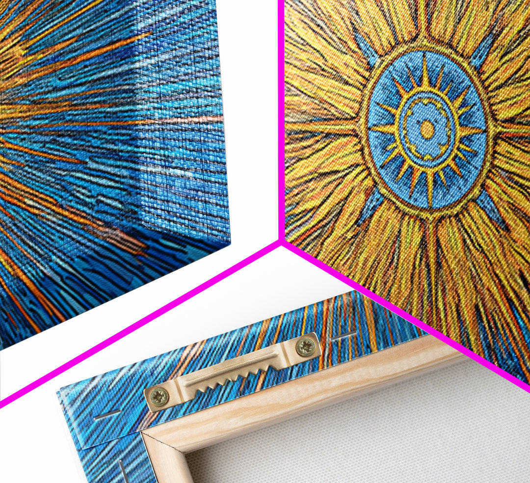 Blue Gold Solar Compass Canvas Print, Mid Century Modern Wall Decor, Atomic Sunburst Poster, Celestial Abstract Art, Office Decor
