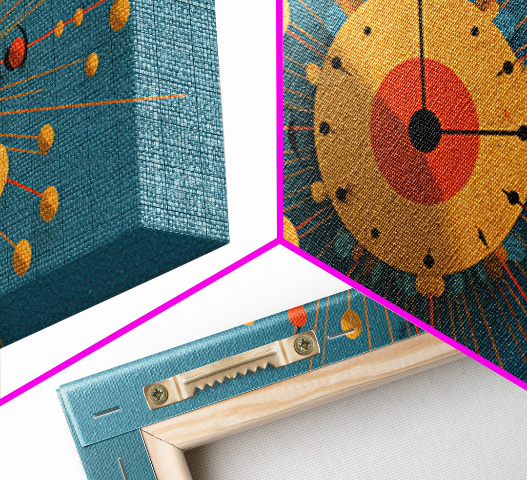Teal Gold Atomic Clock Framed Canvas Print, Mid Century Modern Wall Art, Retro Space Age Poster, MCM Geometric Office Decor